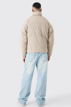 Tall Abstract Quilted Funnel Neck Puffer Jacket In Stone | BoohooMAN UK