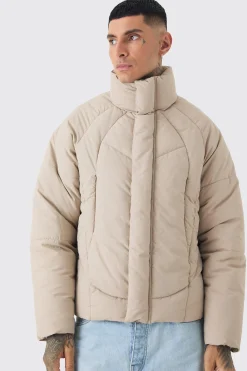 Tall Abstract Quilted Funnel Neck Puffer Jacket In Stone | BoohooMAN UK