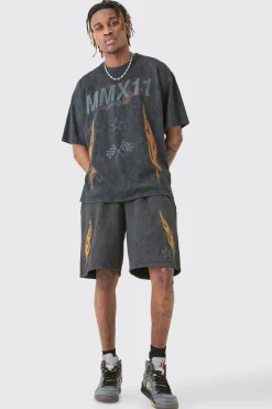 Tall Acid Wash Moto T-Shirt & Short Set | BoohooMAN UK