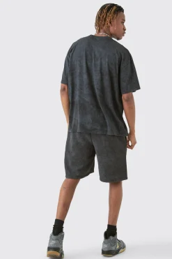 Tall Acid Wash Moto T-Shirt & Short Set | BoohooMAN UK