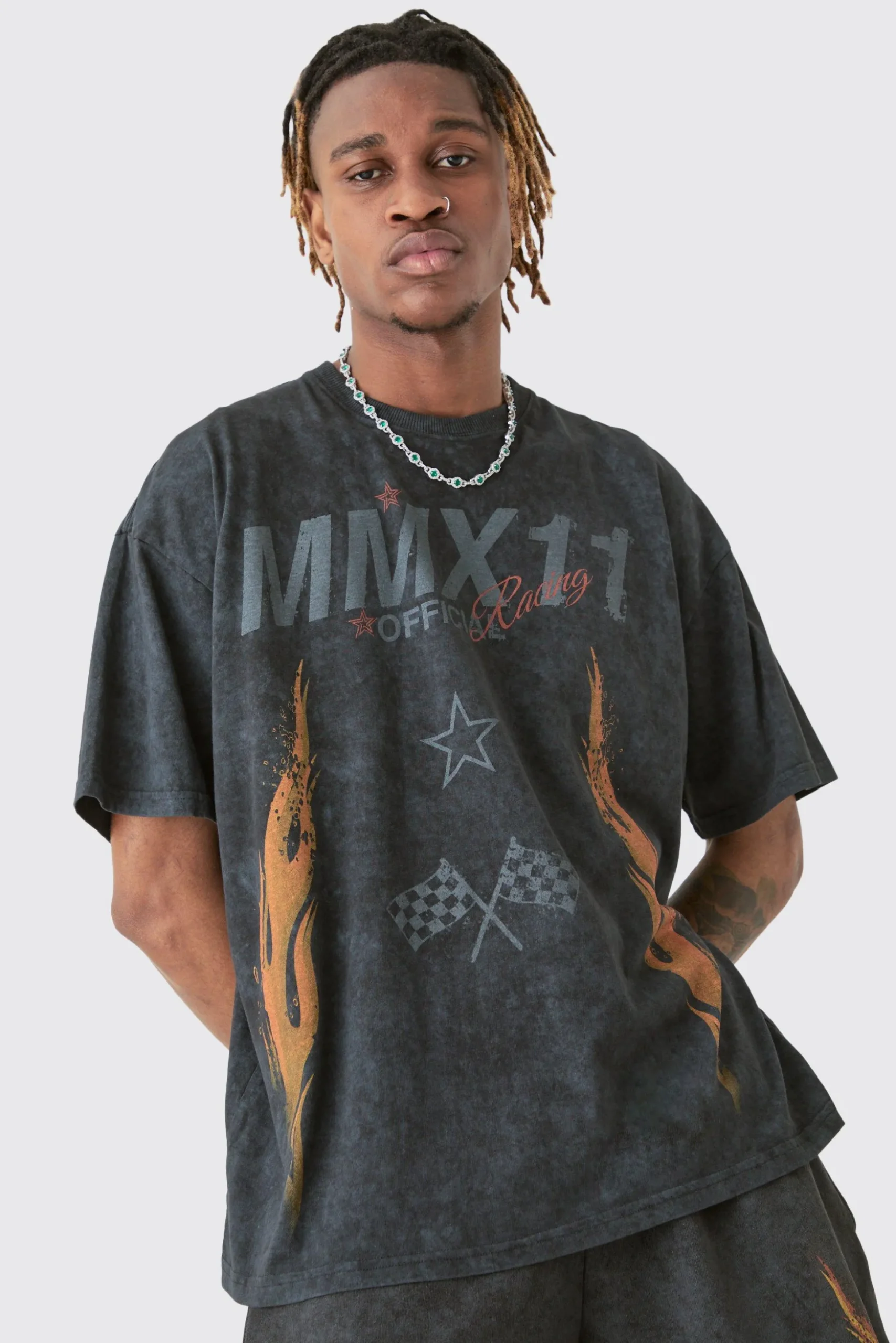Tall Acid Wash Moto T-Shirt & Short Set | BoohooMAN UK
