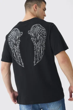 Tall Angel Wing Rhinestone Printed T-Shirt In Black | BoohooMAN UK