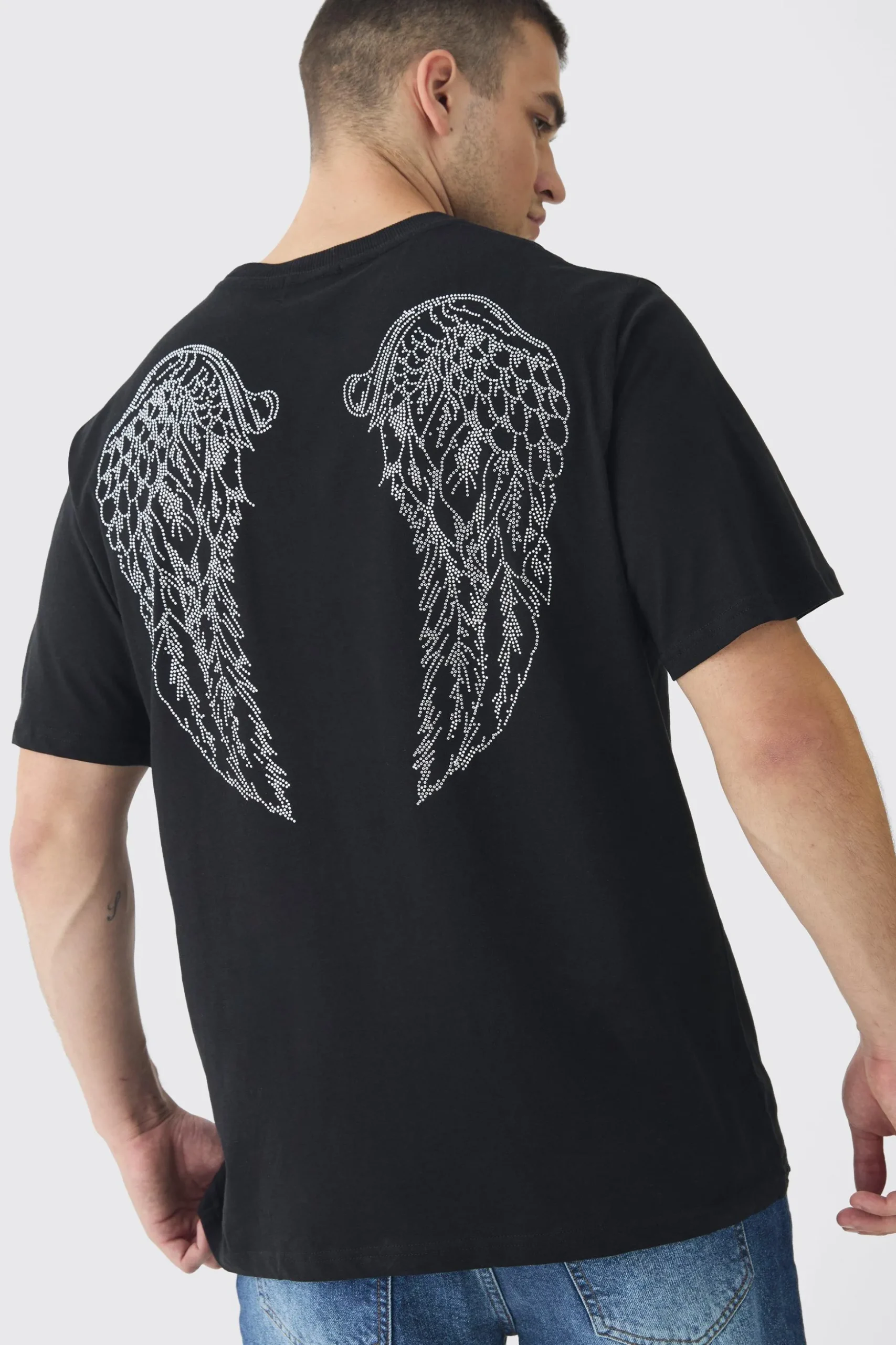 Tall Angel Wing Rhinestone Printed T-Shirt In Black | BoohooMAN UK