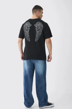 Tall Angel Wing Rhinestone Printed T-Shirt In Black | BoohooMAN UK