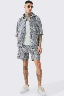 Tall Animal Printed Oversized Short Sleeve Pleated Shirt & Short Set | BoohooMAN UK