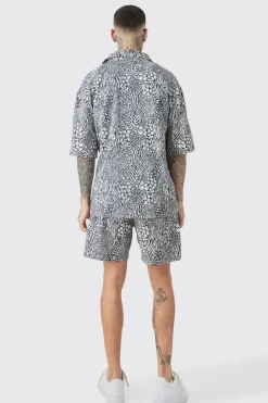 Tall Animal Printed Oversized Short Sleeve Pleated Shirt & Short Set | BoohooMAN UK