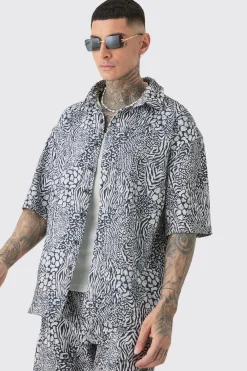 Tall Animal Printed Oversized Short Sleeve Pleated Shirt & Short Set | BoohooMAN UK