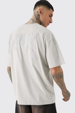 Tall Applique Distressed Loose V Neck T Shirt In Grey | BoohooMAN UK