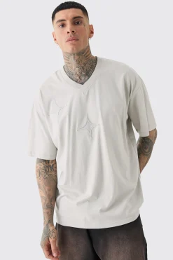 Tall Applique Distressed Loose V Neck T Shirt In Grey | BoohooMAN UK