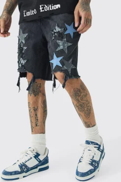 Tall Applique Raw Hem Denim Shorts | BoohooMAN UK
