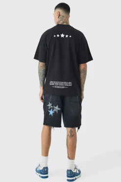 Tall Applique Raw Hem Denim Shorts | BoohooMAN UK
