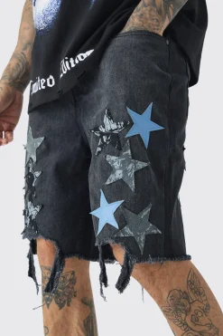 Tall Applique Raw Hem Denim Shorts | BoohooMAN UK