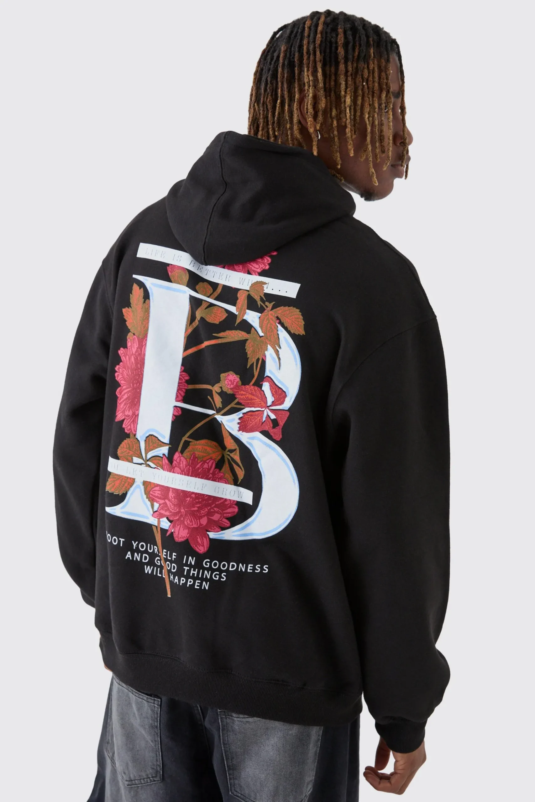 Tall B Floral Graphic Oversized Hoodie | BoohooMAN UK