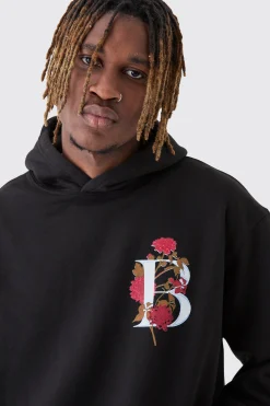 Tall B Floral Graphic Oversized Hoodie | BoohooMAN UK