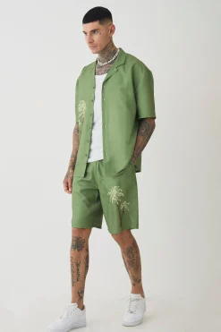 Tall Back Print Linen Look Shirt & Short Set | BoohooMAN UK