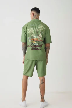 Tall Back Print Linen Look Shirt & Short Set | BoohooMAN UK