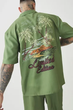 Tall Back Print Linen Look Shirt & Short Set | BoohooMAN UK