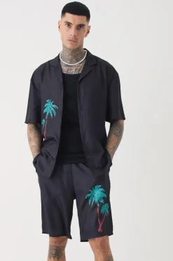 Tall Back Print Linen Look Shirt & Short Set | BoohooMAN UK