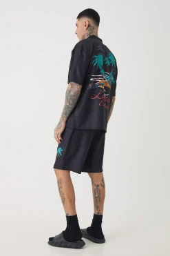 Tall Back Print Linen Look Shirt & Short Set | BoohooMAN UK