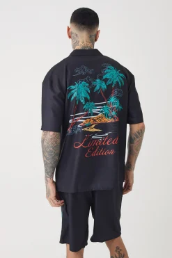 Tall Back Print Linen Look Shirt & Short Set | BoohooMAN UK