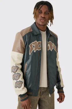 Tall Badge Detail Colour Block PU Varsity Jacket In Black | BoohooMAN UK