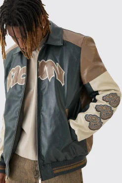 Tall Badge Detail Colour Block PU Varsity Jacket In Black | BoohooMAN UK