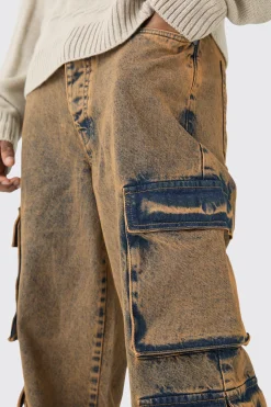 Tall Baggy Fit Acid Wash Cargo Jeans | BoohooMAN UK