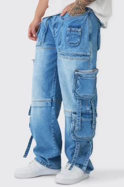 Tall Baggy Rigid Multi Pocket Strap Detail Cargo Jeans | BoohooMAN UK