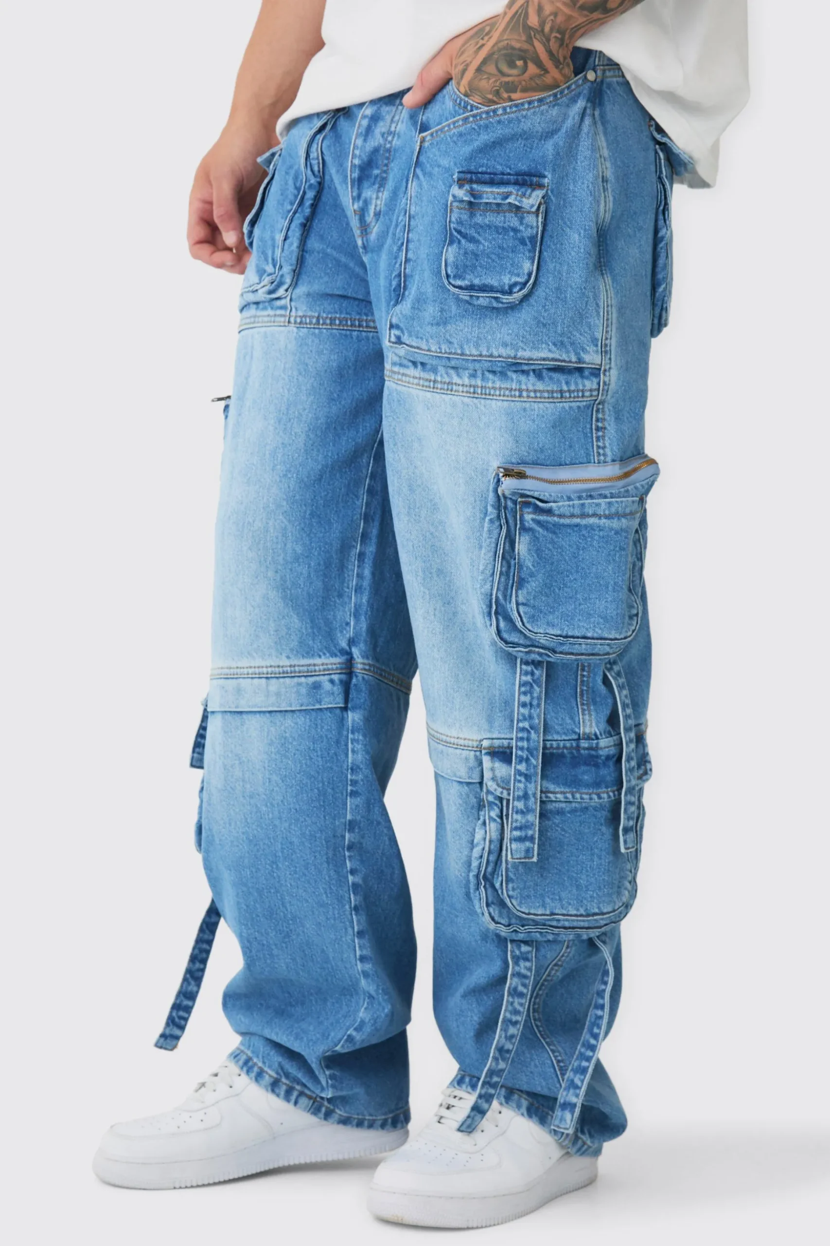 Tall Baggy Rigid Multi Pocket Strap Detail Cargo Jeans | BoohooMAN UK