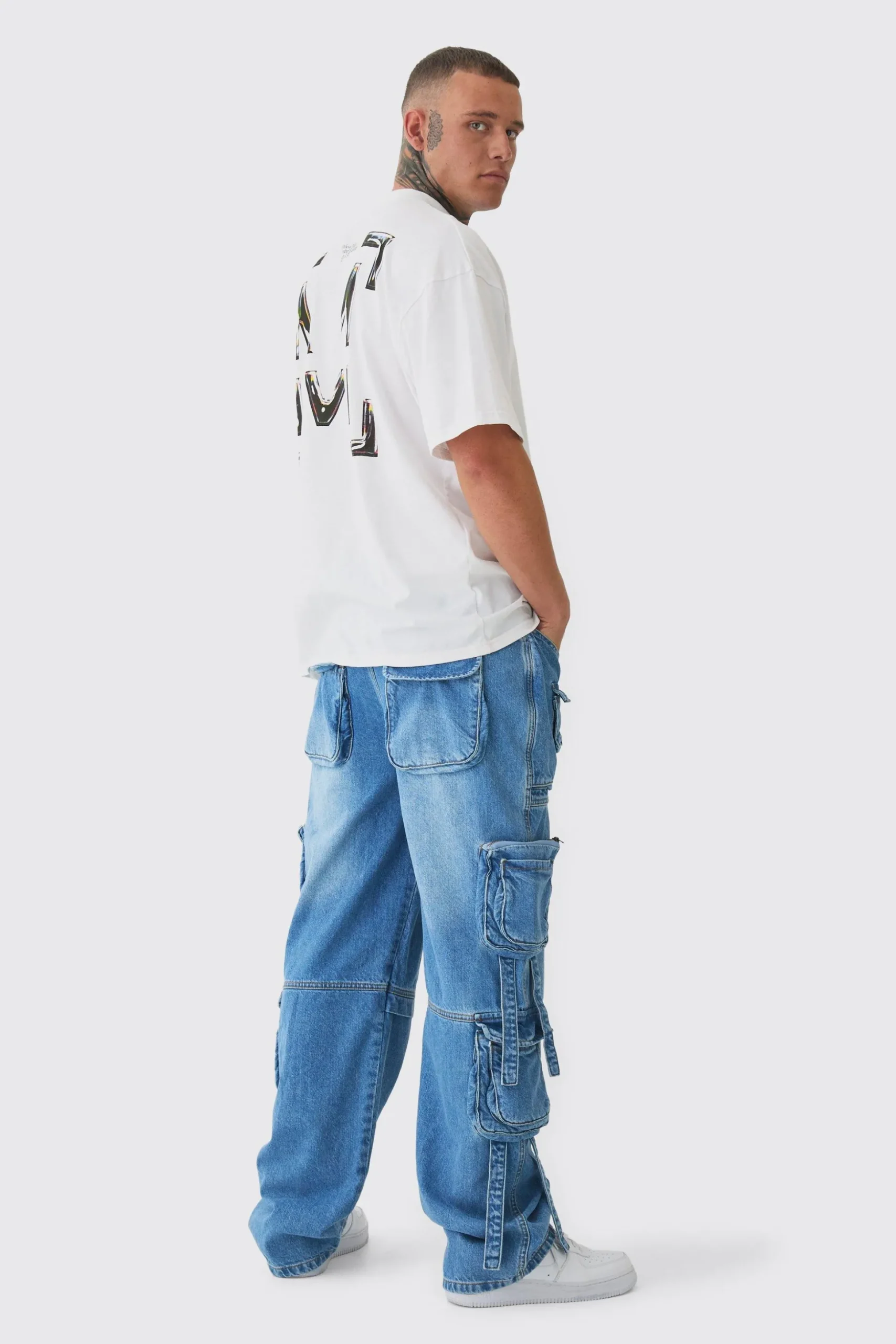 Tall Baggy Rigid Multi Pocket Strap Detail Cargo Jeans | BoohooMAN UK