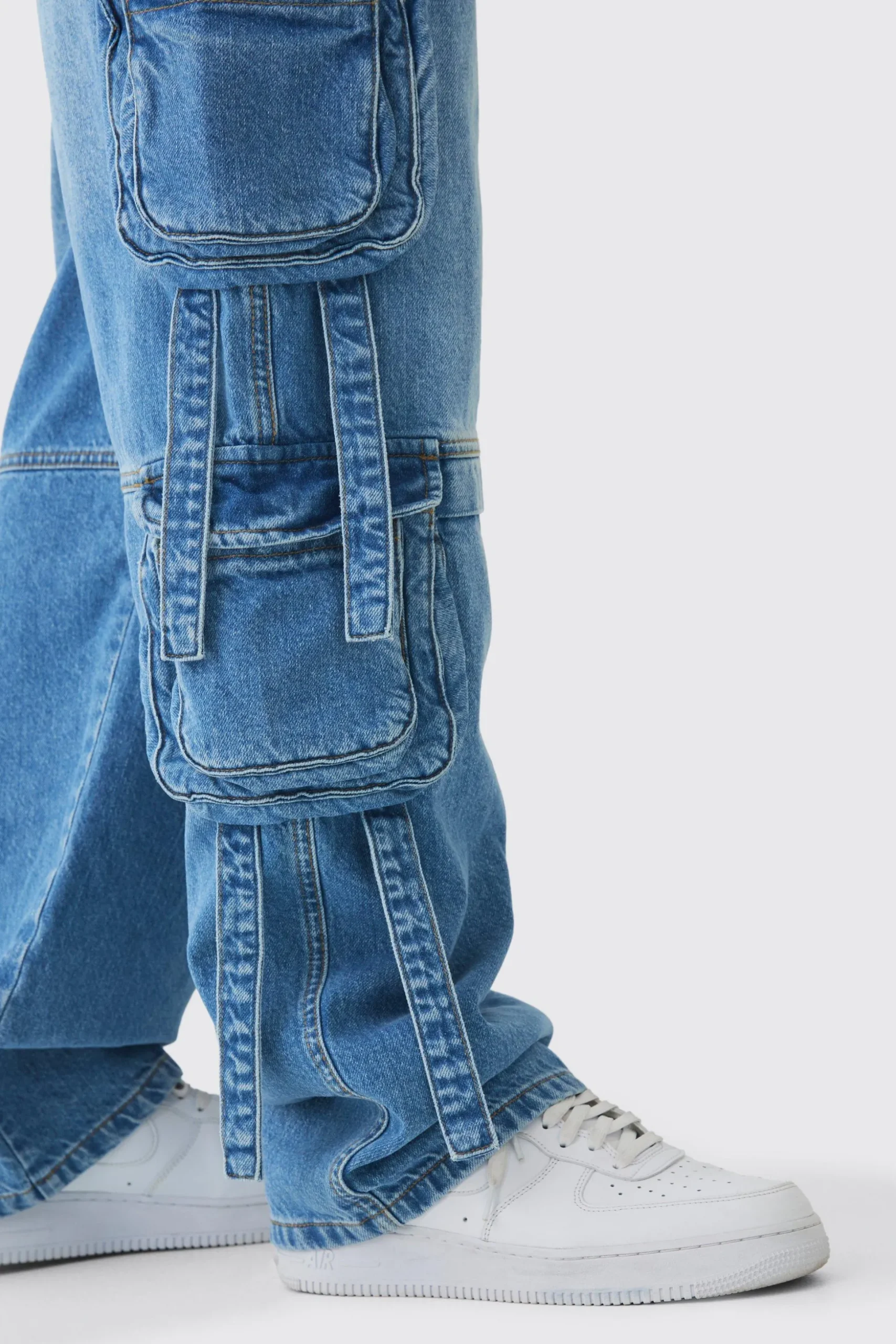Tall Baggy Rigid Multi Pocket Strap Detail Cargo Jeans | BoohooMAN UK