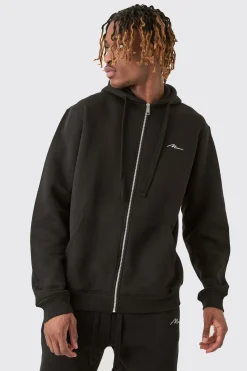 Tall Basic Man Signature Zip Through Hoodie In Black | BoohooMAN UK