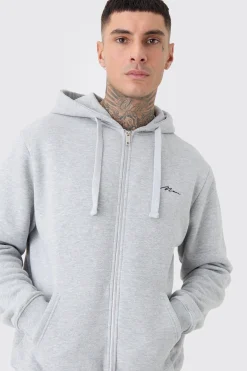 Tall Basic Man Signature Zip Through Hoodie In Grey Marl | BoohooMAN UK