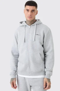 Tall Basic Man Signature Zip Through Hoodie In Grey Marl | BoohooMAN UK