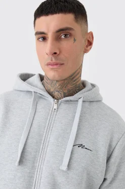 Tall Basic Man Signature Zip Through Hoodie In Grey Marl | BoohooMAN UK