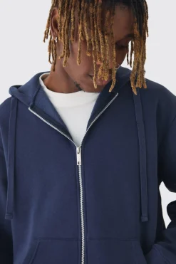 Tall Basic Zip Through Hoodie In Navy | BoohooMAN UK