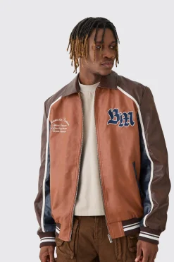Tall BM Badge Collared PU Varsity Jacket In Brown | BoohooMAN UK
