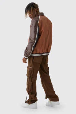 Tall BM Badge Collared PU Varsity Jacket In Brown | BoohooMAN UK