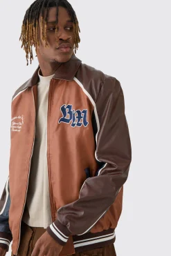 Tall BM Badge Collared PU Varsity Jacket In Brown | BoohooMAN UK