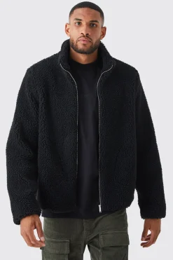 Tall Borg Funnel Neck Jacket In Black | BoohooMAN UK