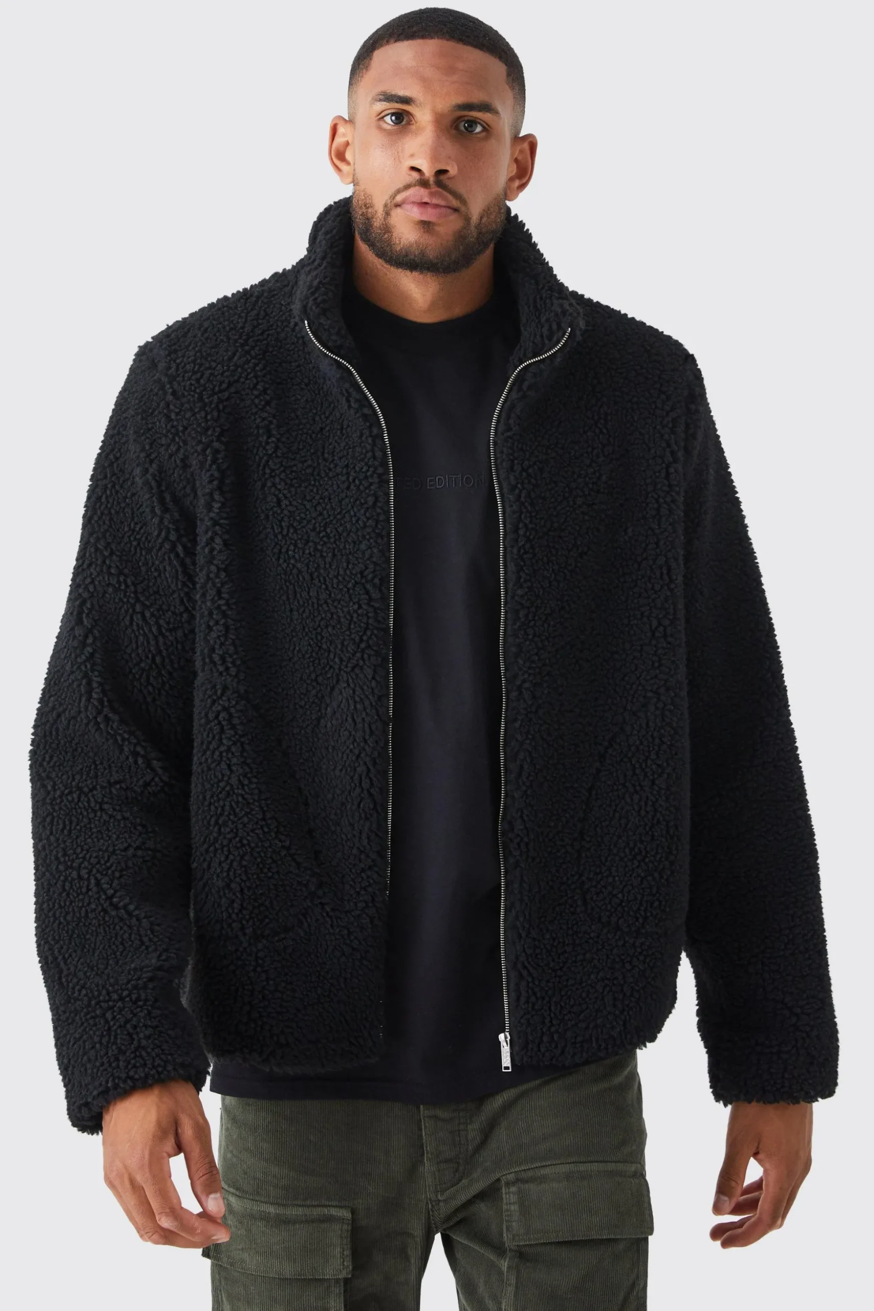 Tall Borg Funnel Neck Jacket In Black | BoohooMAN UK