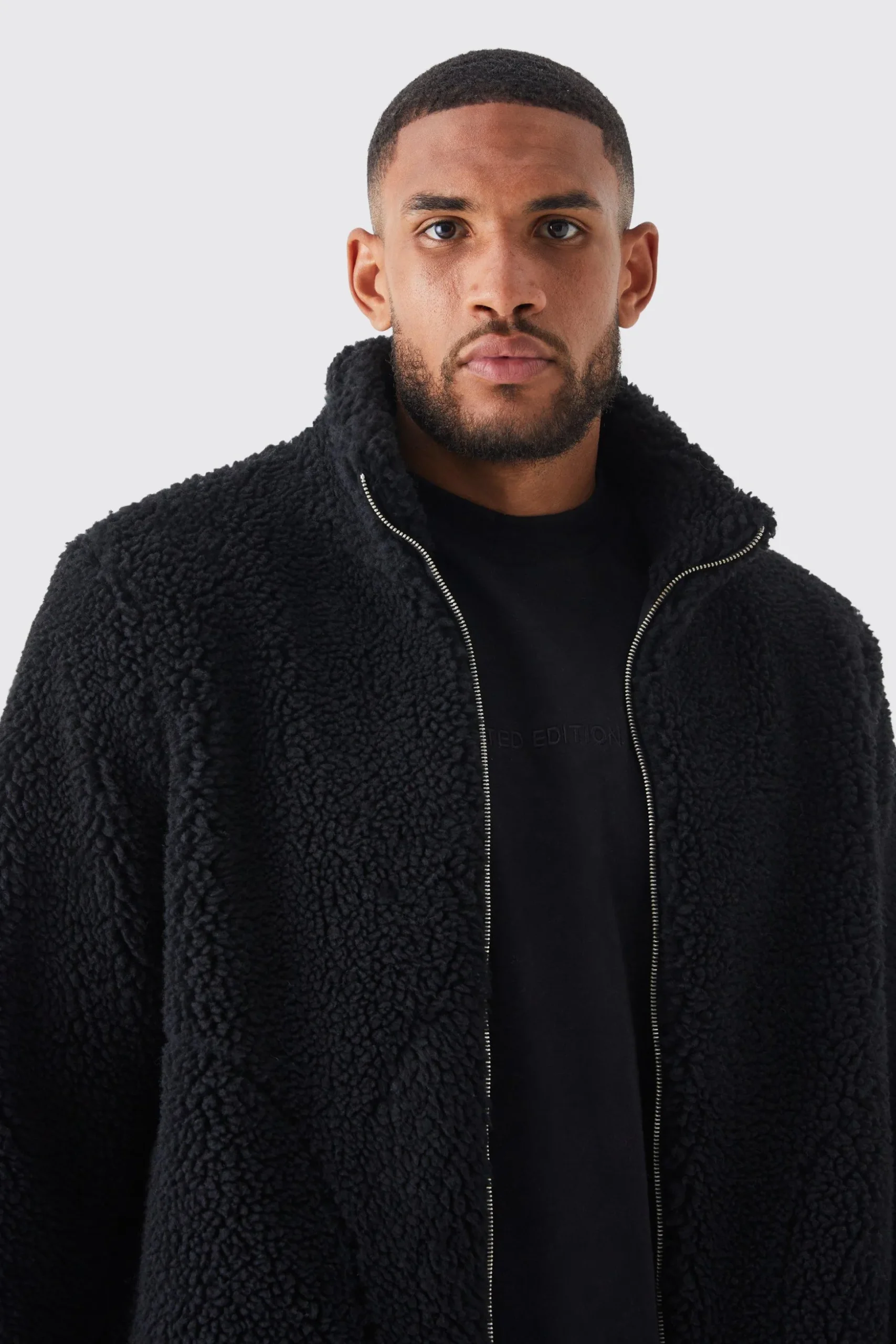 Tall Borg Funnel Neck Jacket In Black | BoohooMAN UK