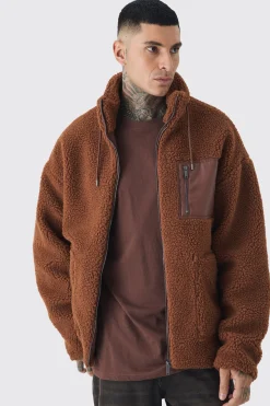 Tall Borg Funnel Neck Jacket With PU Pocket In Tan | BoohooMAN UK
