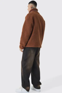 Tall Borg Funnel Neck Jacket With PU Pocket In Tan | BoohooMAN UK
