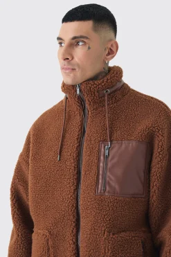 Tall Borg Funnel Neck Jacket With PU Pocket In Tan | BoohooMAN UK