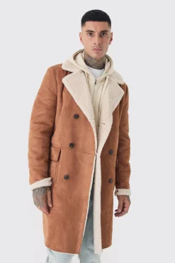 Tall Borg Lined Double Breasted Overcoat In Tan | BoohooMAN UK