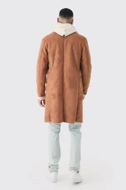 Tall Borg Lined Double Breasted Overcoat In Tan | BoohooMAN UK