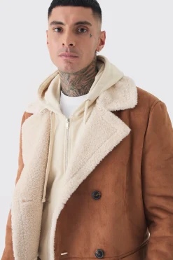 Tall Borg Lined Double Breasted Overcoat In Tan | BoohooMAN UK