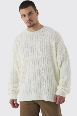Tall Boucle Cable Knit Boxy Jumper | BoohooMAN UK