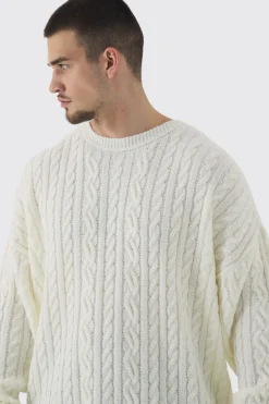 Tall Boucle Cable Knit Boxy Jumper | BoohooMAN UK